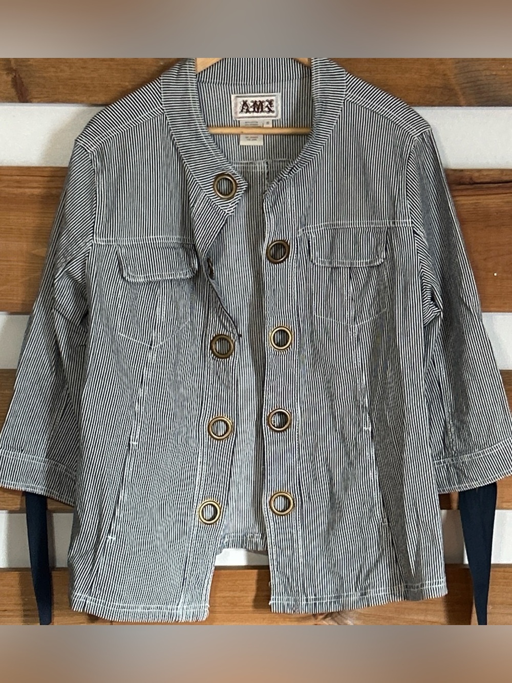 A.M.X. Navy/Cream Striped Cotton Jacket Brass Accents Hook Closure Size 1X